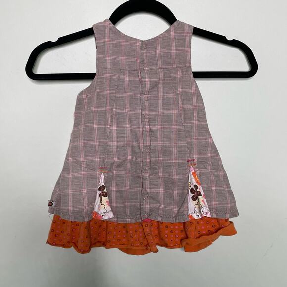 Gagou Tagou‎ Plaid Dress Jumper Sleeveless Embroidered Floral Brown 24M Cottage - Picture 2 of 10